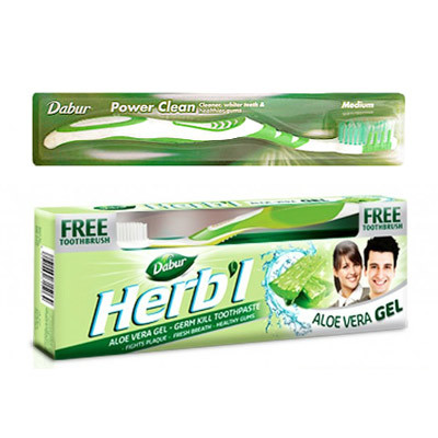 Зубная паста гелевая "Алоэ вера" (Herb'l Aloe Vera Gel) 150 г + зубная щётка, Dabur Зубная паста гелевая "Алоэ вера" (Herb'l Aloe Vera Gel) 150 г + зубная щётка, Dabur