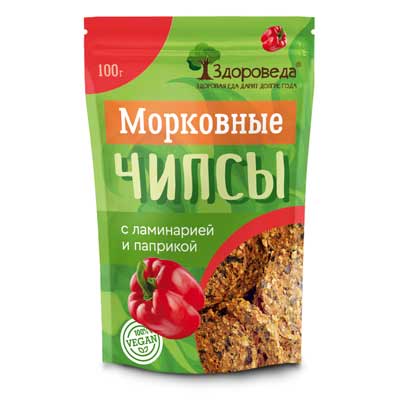 Морковные чипсы (снеки) с ламинарией и паприкой 100 г, "Здороведа" Морковные чипсы (снеки) с ламинарией и паприкой 100 г, "Здороведа"